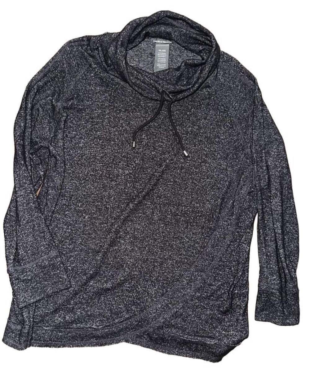 Women's Black Marl Cowl Neck Drawstring Long Sleeve Pullover Sweatshirt